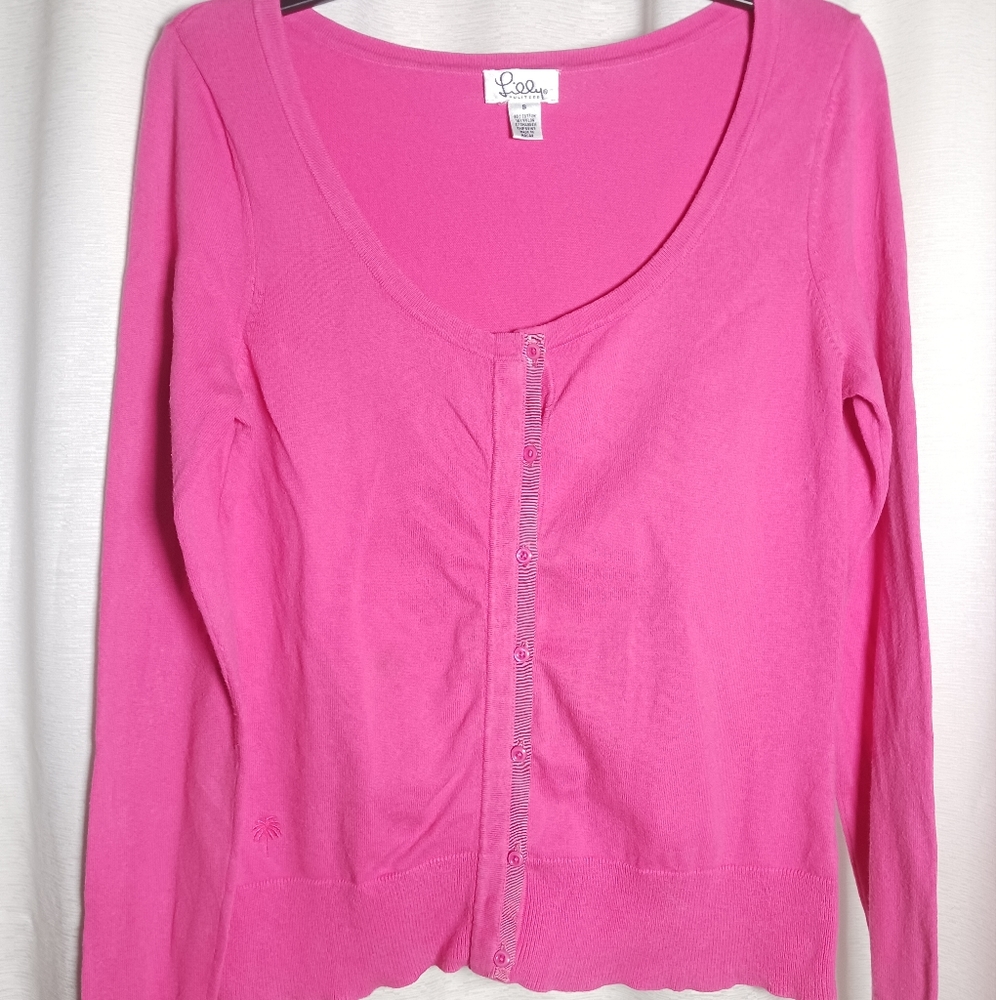 Lilly Pulitzer Women S Pink Cotton Blend Crew Neck Barbie Button Up Cardigan